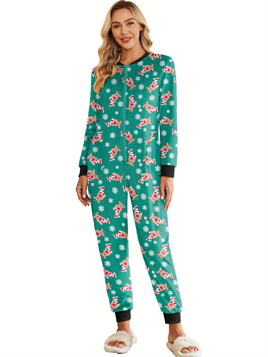 Christmas Pajamas for Family Fleece Long Sleeve Pjs Onesie Jumpsuit with Pockets Zipper Front Sleepwear S-XXL