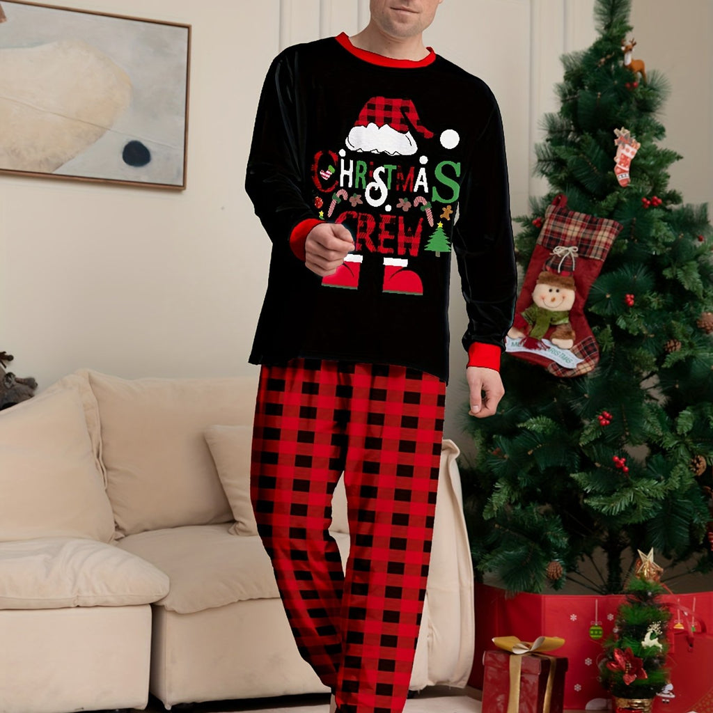 Men's Trendy Casual Christmas Pajamas Sets, MERRY CHRISTMAS Letter Antler Graphic Print Long Sleeve Crew Neck Top & Plaid Loose Pants Lounge Wear