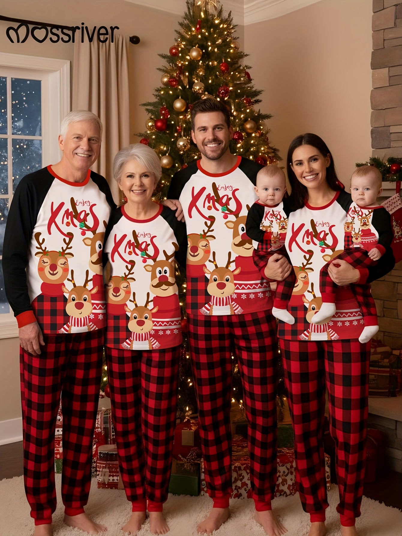 MOSSRIVER Christmas Family Matching Soft Reindeer Print Pajama Set - Cozy Long Sleeve & Pants, Red & Black Plaid Design with Santa & Reindeer, Perfect for Holiday Celebrations, All-Season Comfort, Christmas Pajamas, Christmas