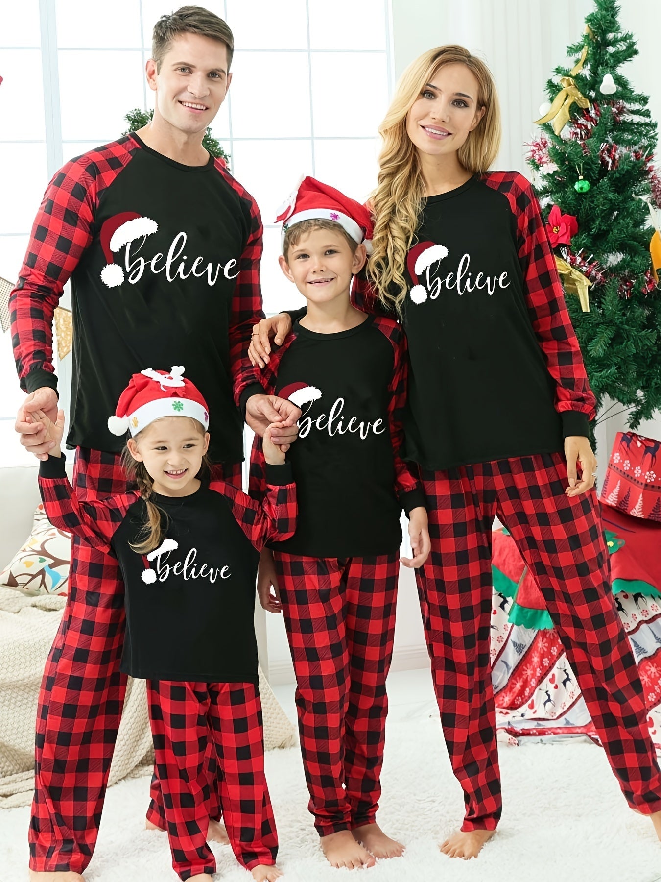 1 Set Family Matching Christmas Pajamas - 'Believe' Print, Crew Neck, Long Sleeve, Knit Fabric, Slight Stretch, All-Season Polyester PJs with Contrast Black Top & Red Plaid Pants