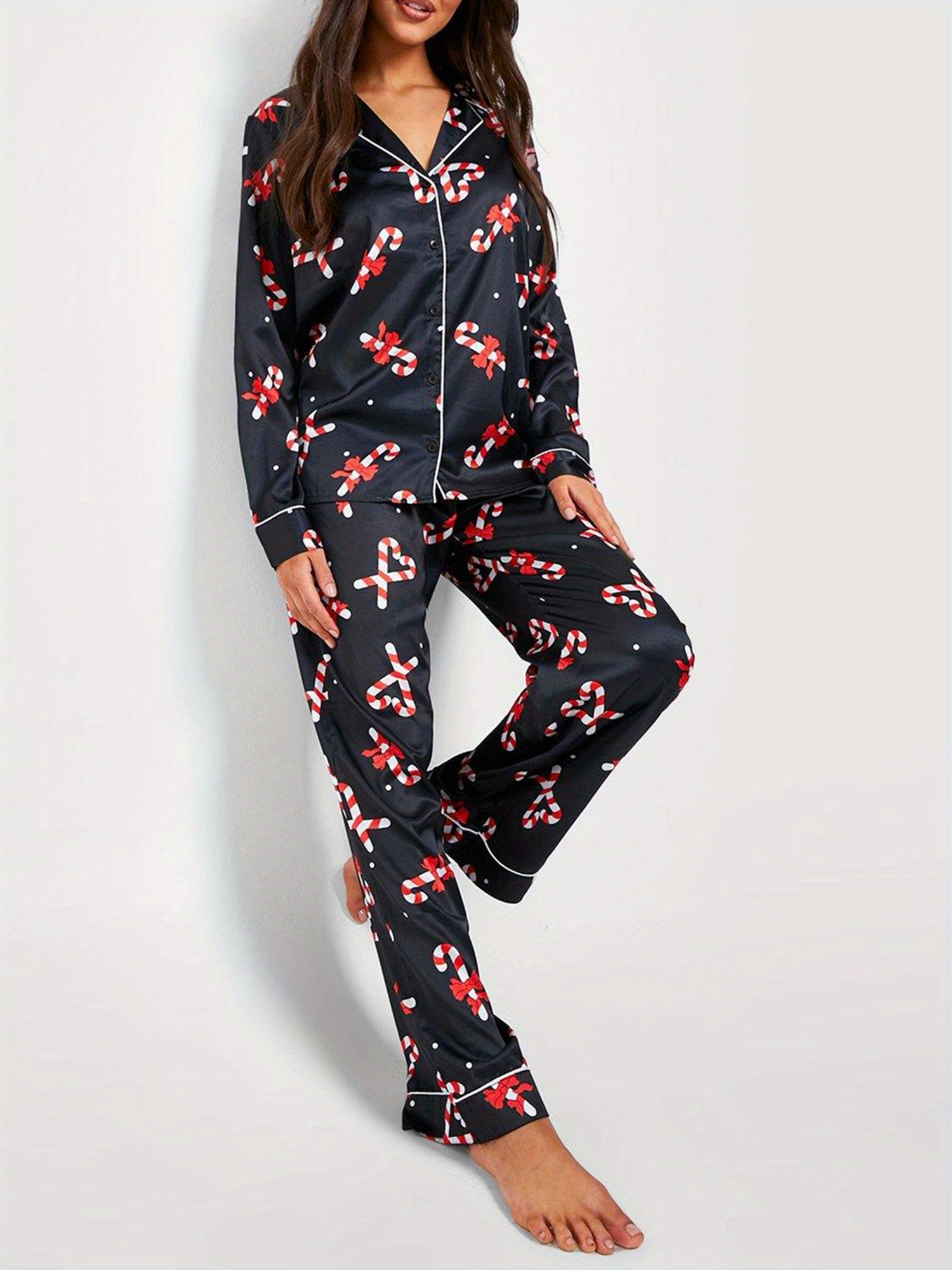 Women Christmas Pajamas Lounge Set Candy Cane Print Long Sleeve Shirts Tops And Pants 2 Piece Loungewear Outfits