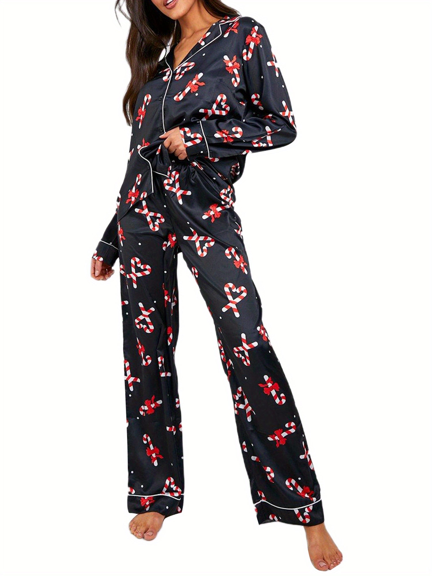 Women Christmas Pajamas Lounge Set Candy Cane Print Long Sleeve Shirts Tops And Pants 2 Piece Loungewear Outfits