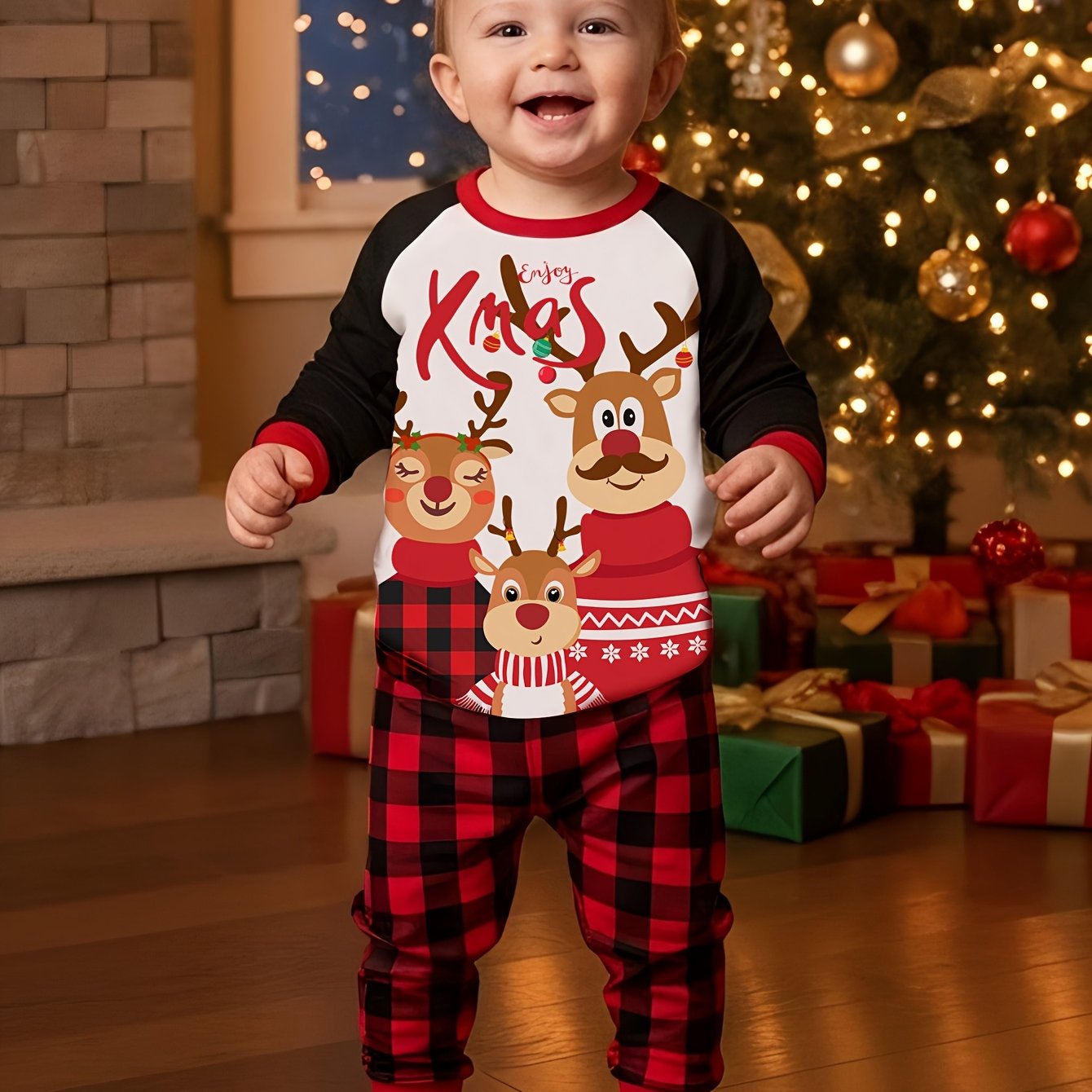 MOSSRIVER Christmas Family Matching Soft Reindeer Print Pajama Set - Cozy Long Sleeve & Pants, Red & Black Plaid Design with Santa & Reindeer, Perfect for Holiday Celebrations, All-Season Comfort, Christmas Pajamas, Christmas