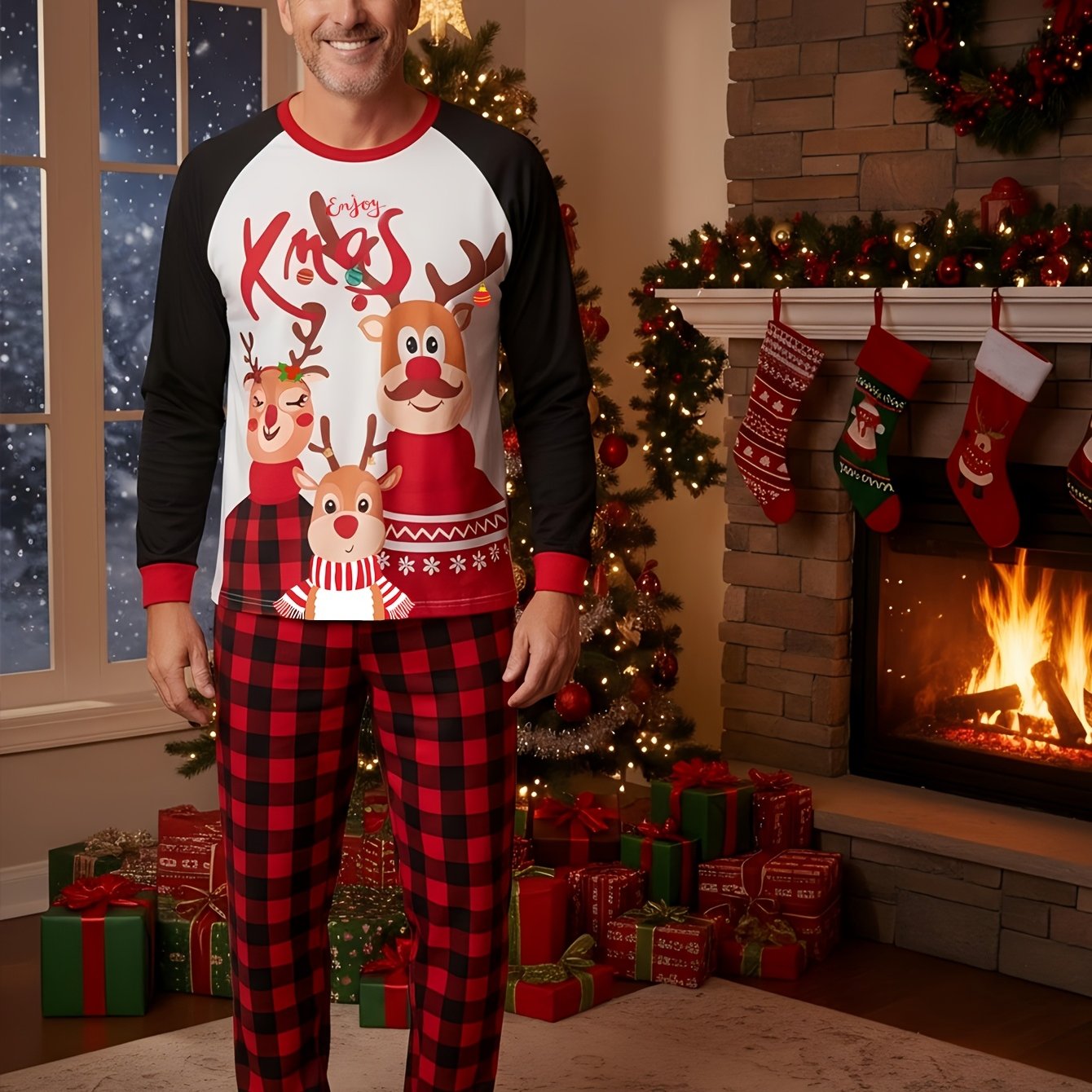 MOSSRIVER Christmas Family Matching Soft Reindeer Print Pajama Set - Cozy Long Sleeve & Pants, Red & Black Plaid Design with Santa & Reindeer, Perfect for Holiday Celebrations, All-Season Comfort, Christmas Pajamas, Christmas