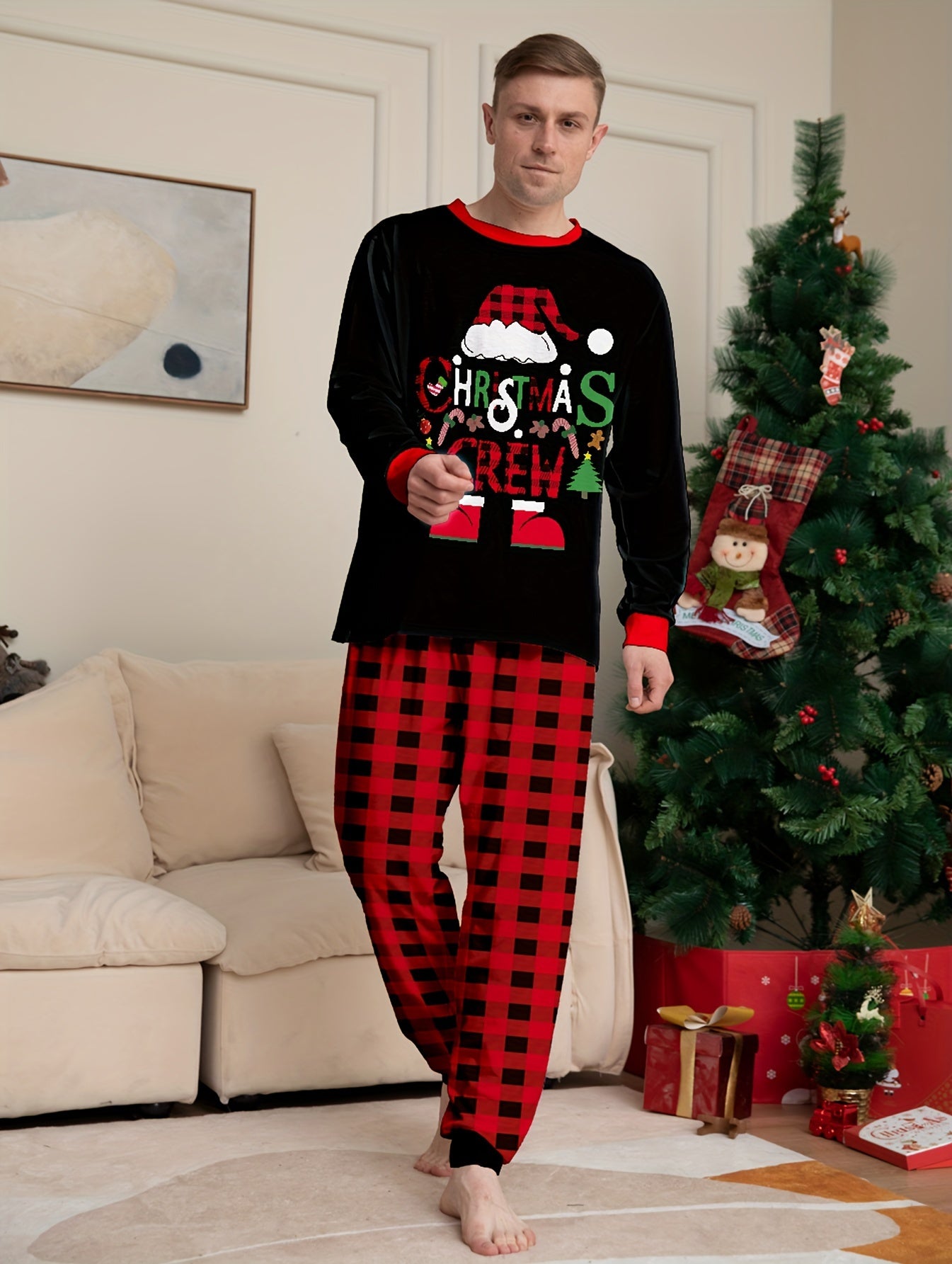 Men's Trendy Casual Christmas Pajamas Sets, MERRY CHRISTMAS Letter Antler Graphic Print Long Sleeve Crew Neck Top & Plaid Loose Pants Lounge Wear