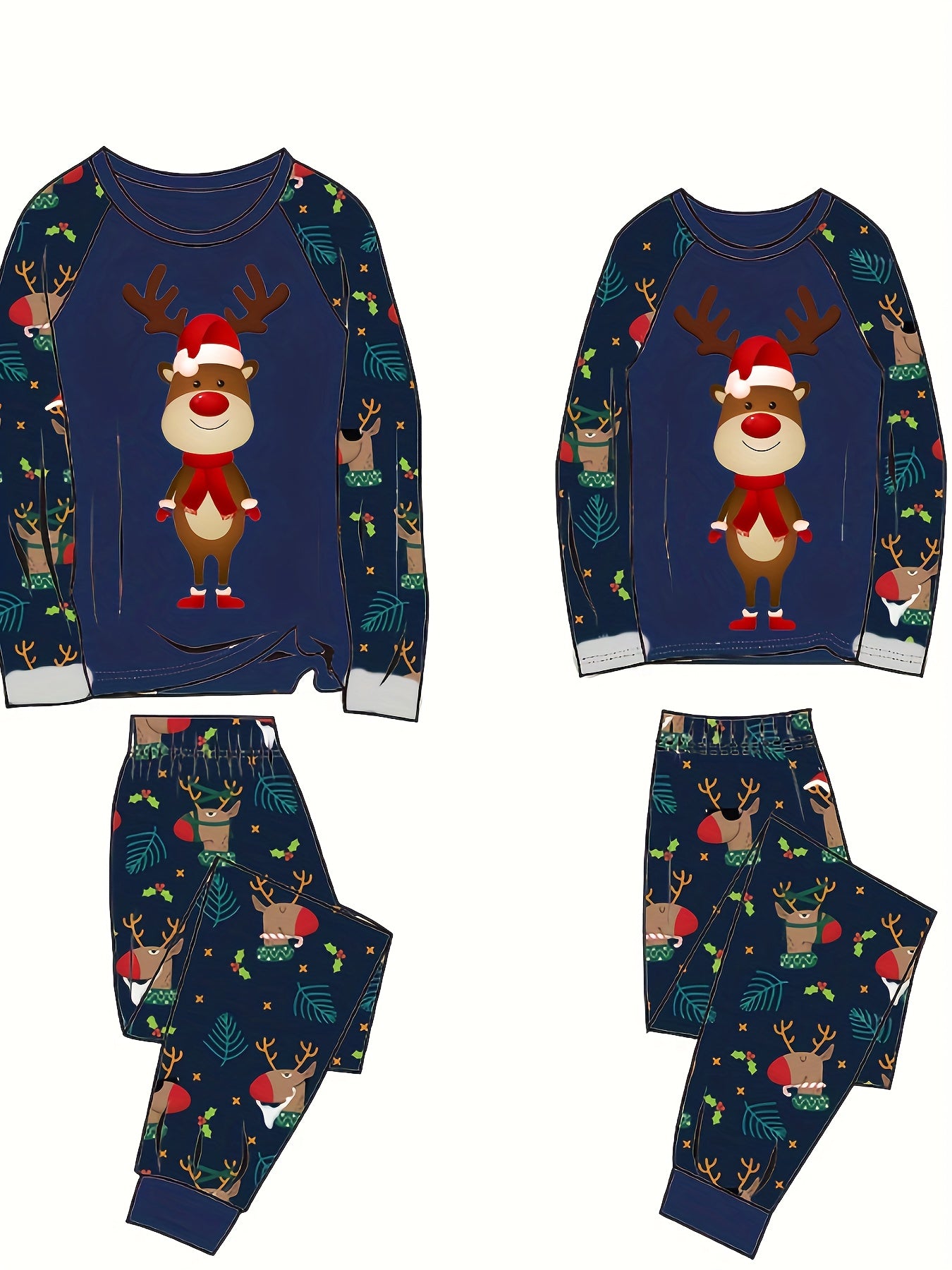 Family Matching Christmas Reindeer Pajama Set - Cozy Long Sleeve Crew Neck, Soft Polyester Blend, Machine Washable - Perfect for Youngsters, Women, and Men, Christmas Pajamas Family Set