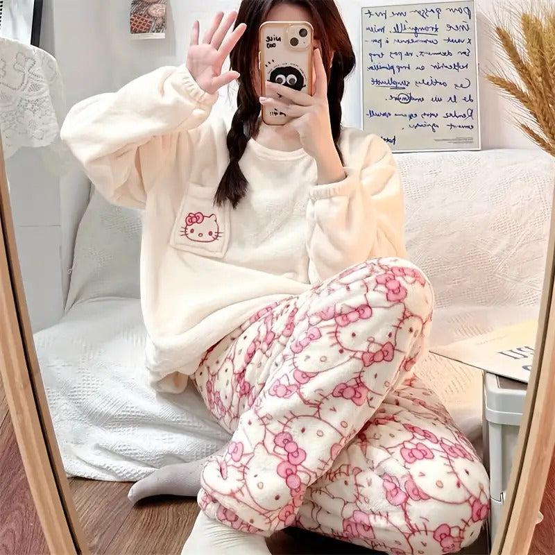 Y2K Sanrio Genuine Hello Kitty Winter Warm Fleece Pajamas Set Style Home Clothes Set Soft And Warm, Christmas Pajamas Women, Cat Pajamas for Women