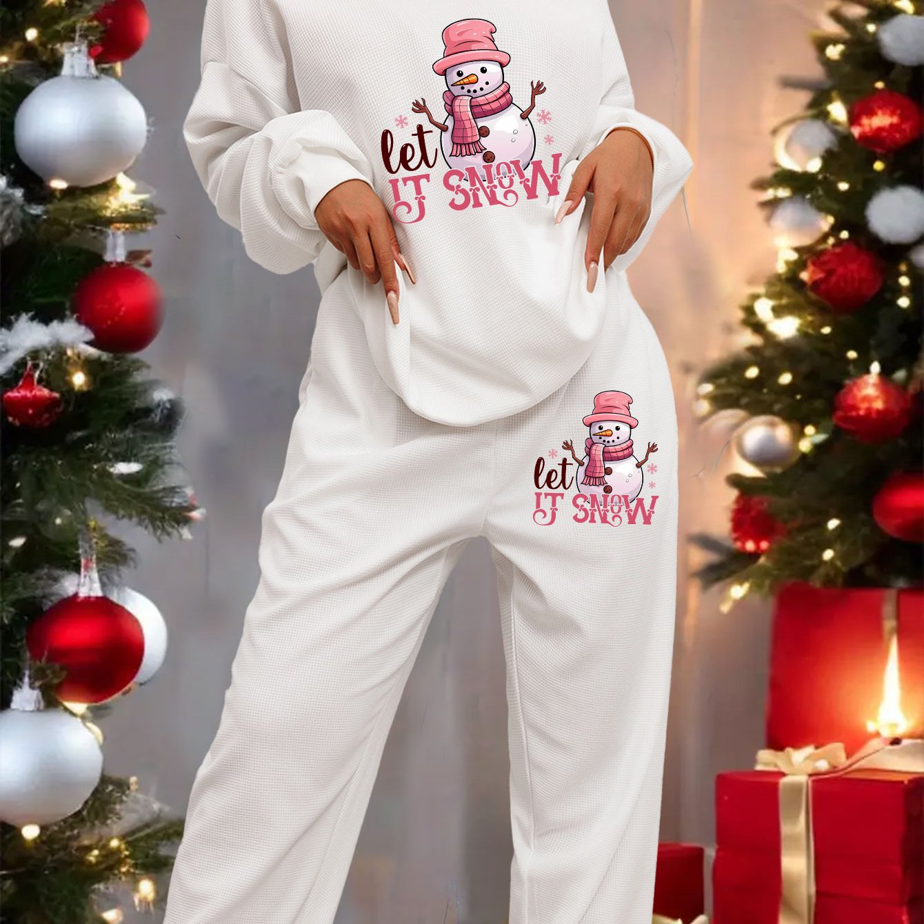 Women'S Plus Size Christmas Snowman Print Lounge Set - Cozy Fleece Pants with "Let It Snow" Design, Long Sleeve, Casual Winter Wear, Perfect for Holiday Celebrations, Christmas Pajamas