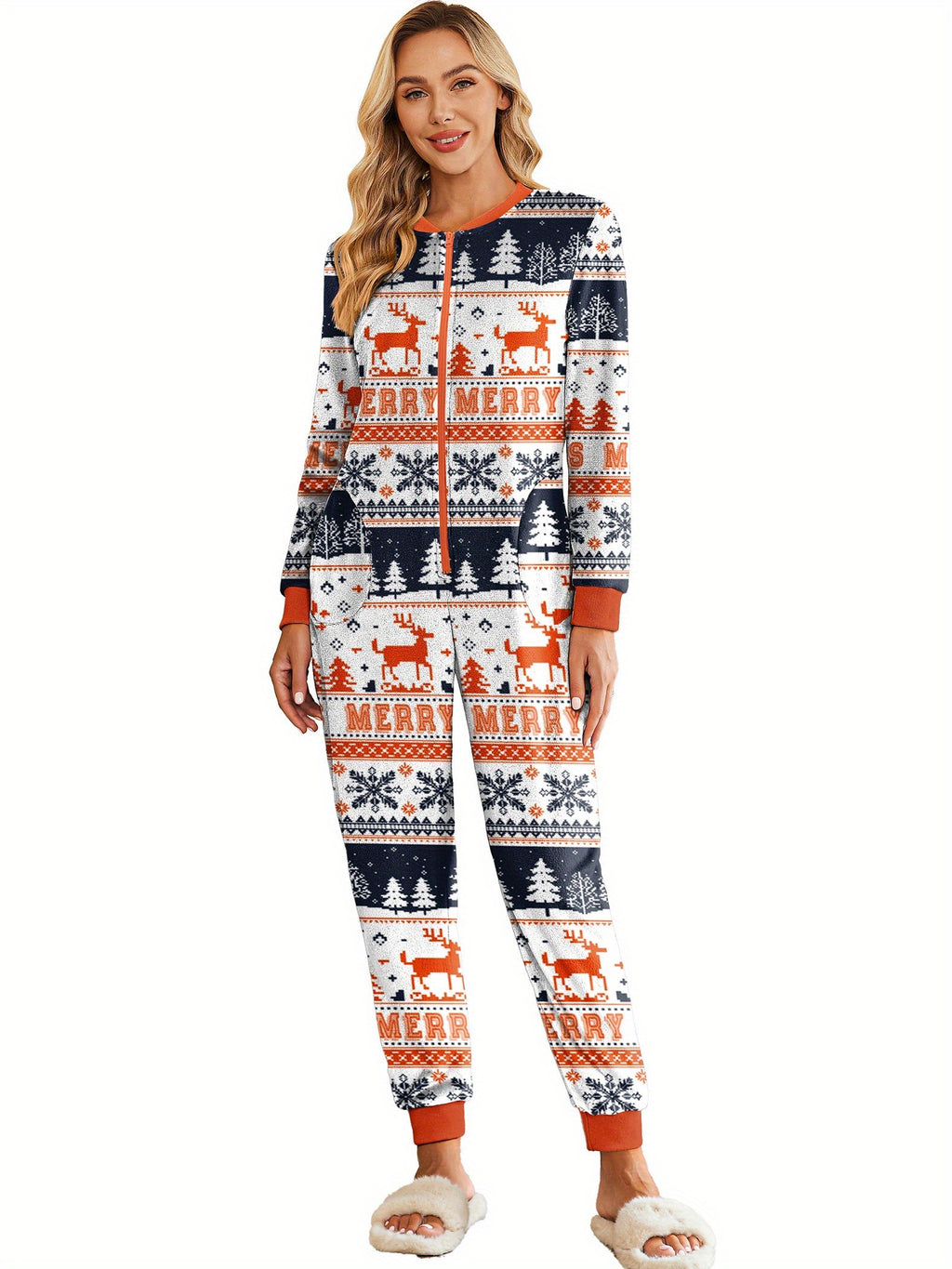 Christmas Pajamas for Family Fleece Long Sleeve Pjs Onesie Jumpsuit with Pockets Zipper Front Sleepwear S-XXL