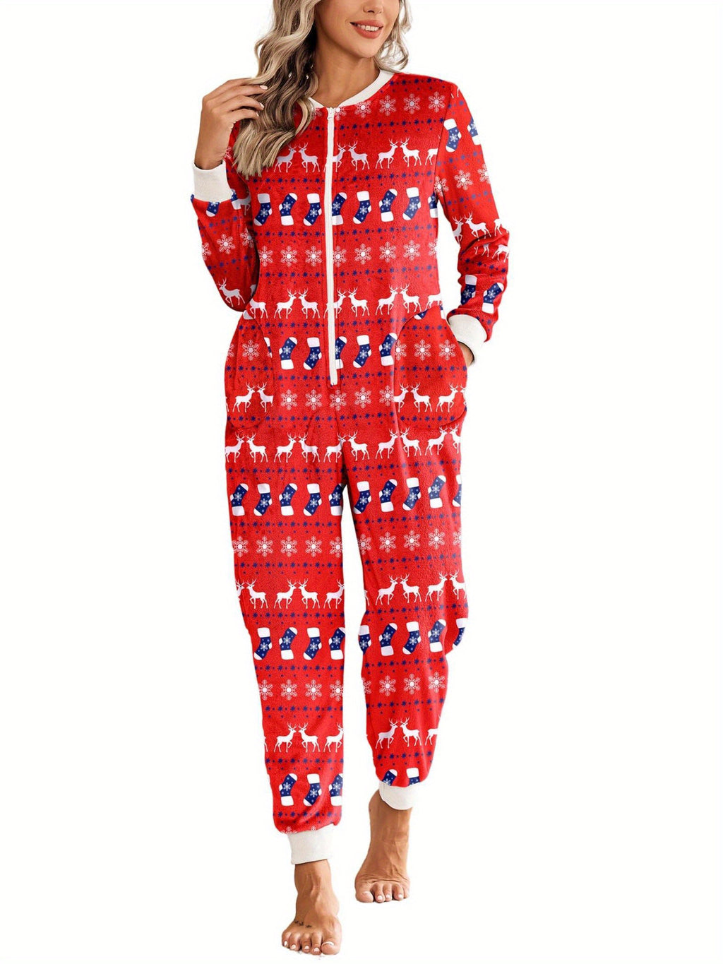 Christmas Pajamas for Family Fleece Long Sleeve Pjs Onesie Jumpsuit with Pockets Zipper Front Sleepwear S-XXL