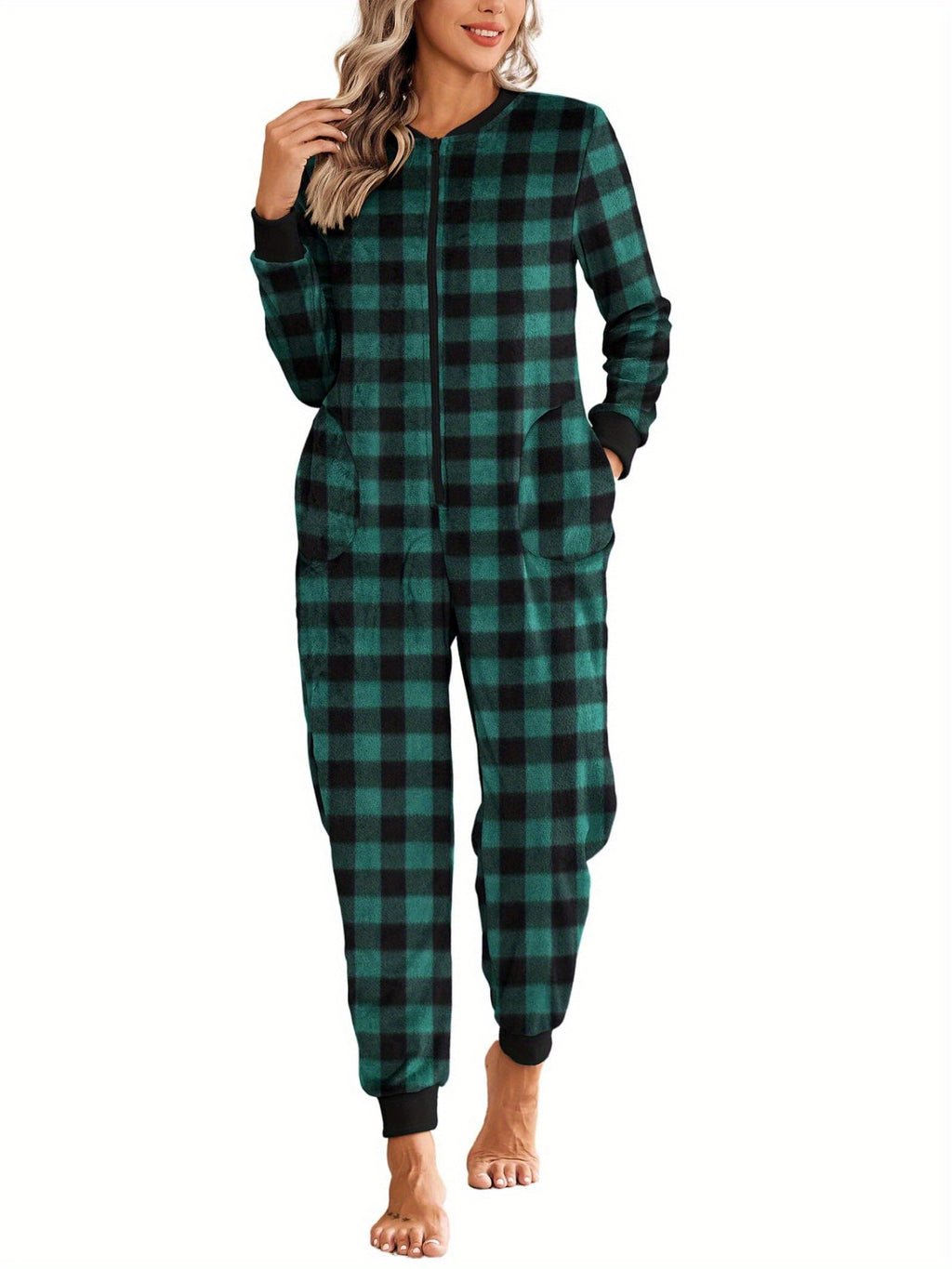 Christmas Pajamas for Family Fleece Long Sleeve Pjs Onesie Jumpsuit with Pockets Zipper Front Sleepwear S-XXL