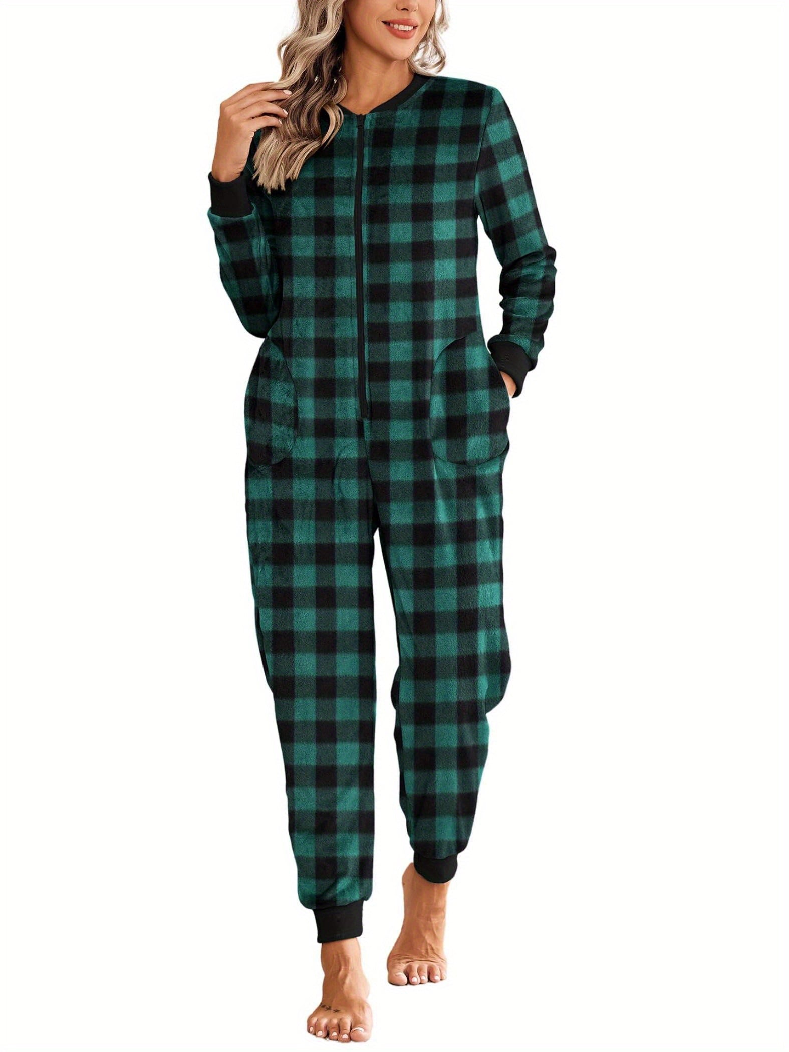 Christmas Pajamas for Family Fleece Long Sleeve Pjs Onesie Jumpsuit with Pockets Zipper Front Sleepwear S-XXL