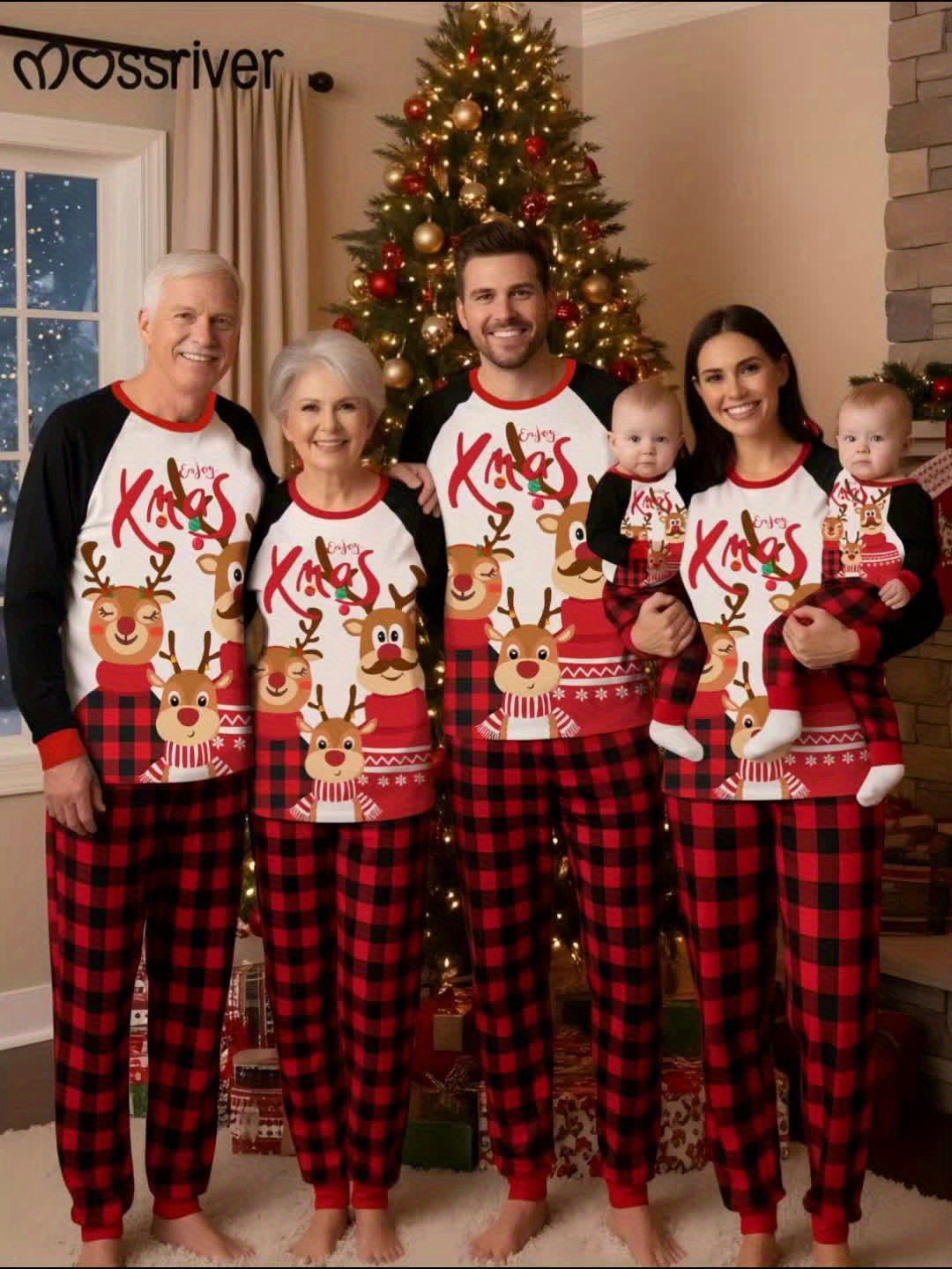 MOSSRIVER Christmas Family Matching Soft Reindeer Print Pajama Set - Cozy Long Sleeve & Pants, Red & Black Plaid Design with Santa & Reindeer, Perfect for Holiday Celebrations, All-Season Comfort, Christmas Pajamas, Christmas