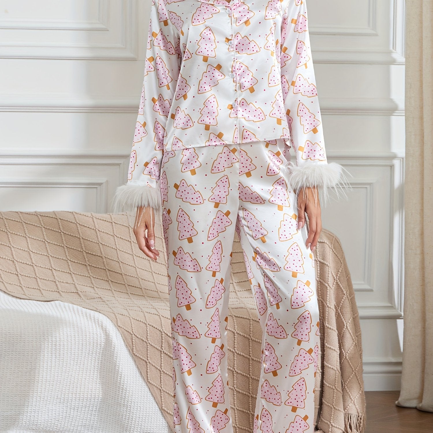 Women Christmas Pajamas Lounge Set Santa/Christmas Tree/Boots Print Shirts Tops And Pants 2 Piece Loungewear Outfits