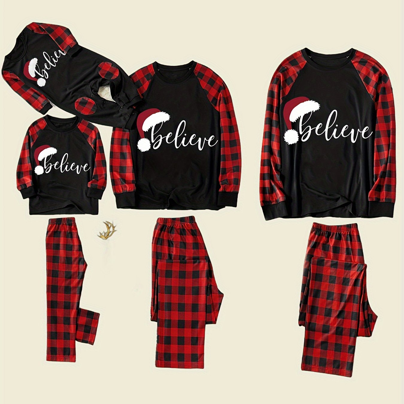 1 Set Family Matching Christmas Pajamas - 'Believe' Print, Crew Neck, Long Sleeve, Knit Fabric, Slight Stretch, All-Season Polyester PJs with Contrast Black Top & Red Plaid Pants
