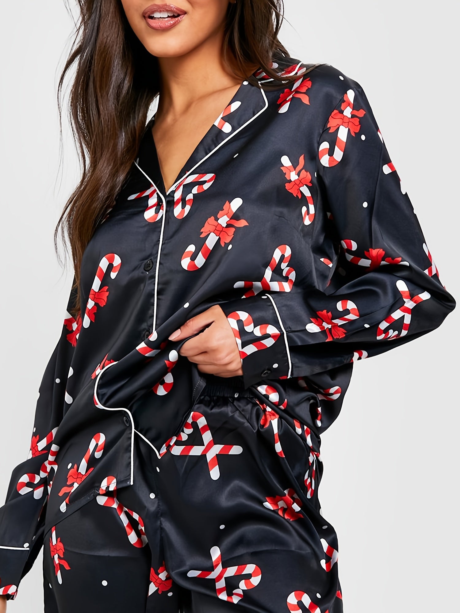 Women Christmas Pajamas Lounge Set Candy Cane Print Long Sleeve Shirts Tops And Pants 2 Piece Loungewear Outfits