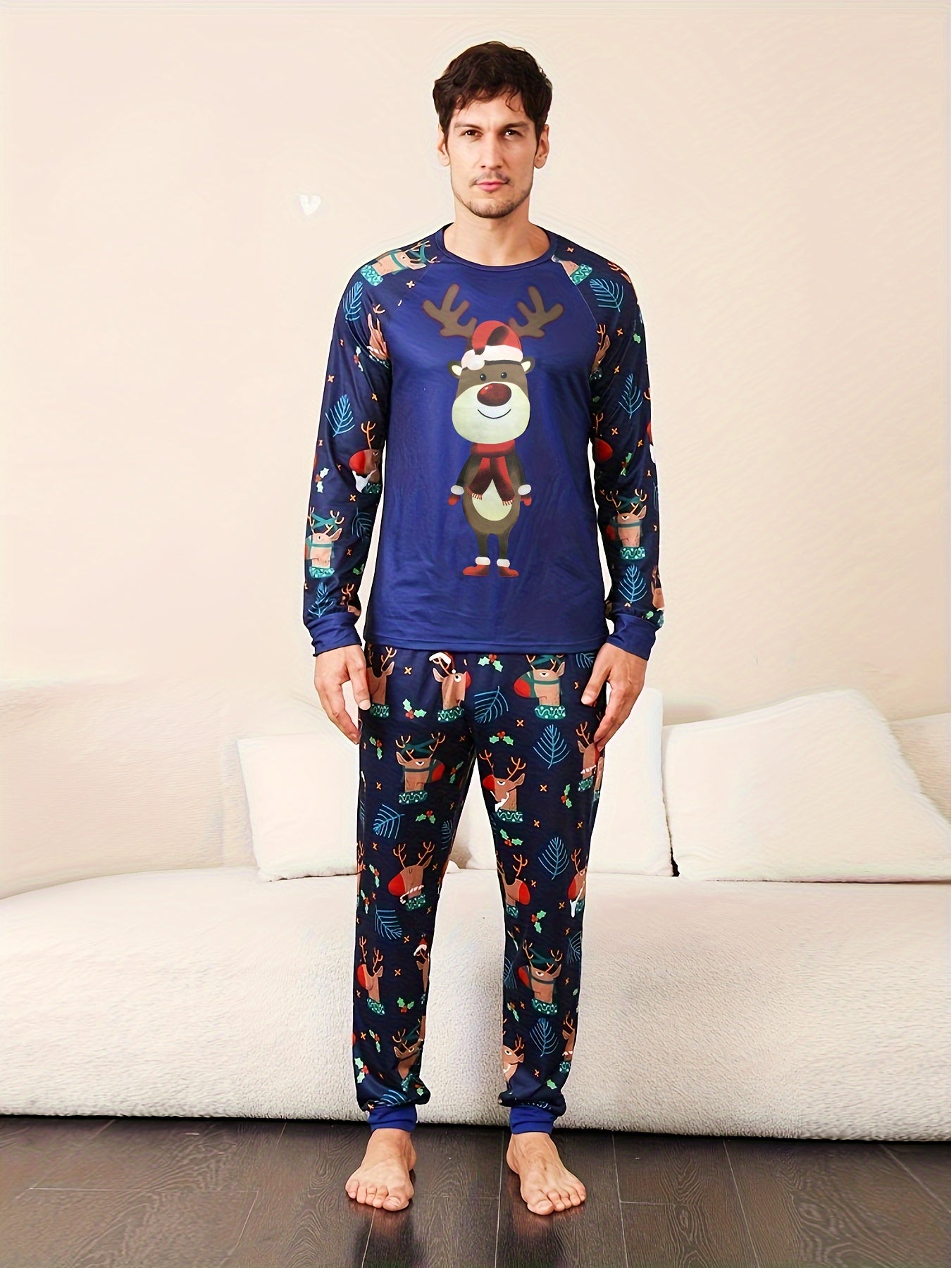 Family Matching Christmas Reindeer Pajama Set - Cozy Long Sleeve Crew Neck, Soft Polyester Blend, Machine Washable - Perfect for Youngsters, Women, and Men, Christmas Pajamas Family Set