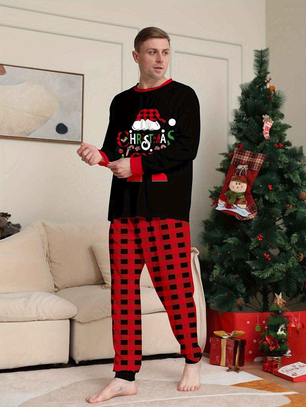 Men's Trendy Casual Christmas Pajamas Sets, MERRY CHRISTMAS Letter Antler Graphic Print Long Sleeve Crew Neck Top & Plaid Loose Pants Lounge Wear