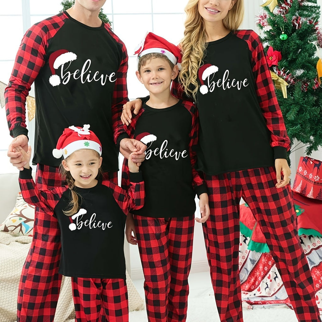 1 Set Family Matching Christmas Pajamas - 'Believe' Print, Crew Neck, Long Sleeve, Knit Fabric, Slight Stretch, All-Season Polyester PJs with Contrast Black Top & Red Plaid Pants