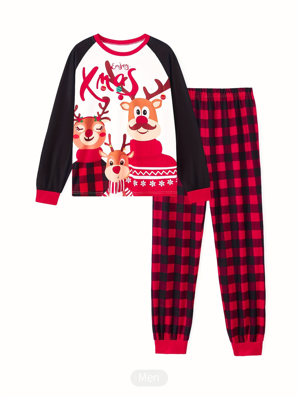 MOSSRIVER Christmas Family Matching Soft Reindeer Print Pajama Set - Cozy Long Sleeve & Pants, Red & Black Plaid Design with Santa & Reindeer, Perfect for Holiday Celebrations, All-Season Comfort, Christmas Pajamas, Christmas