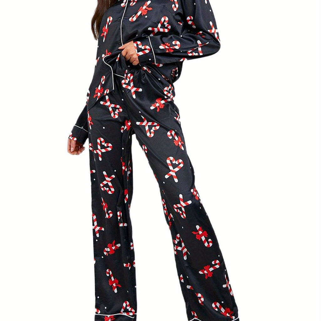 Women Christmas Pajamas Lounge Set Candy Cane Print Long Sleeve Shirts Tops And Pants 2 Piece Loungewear Outfits