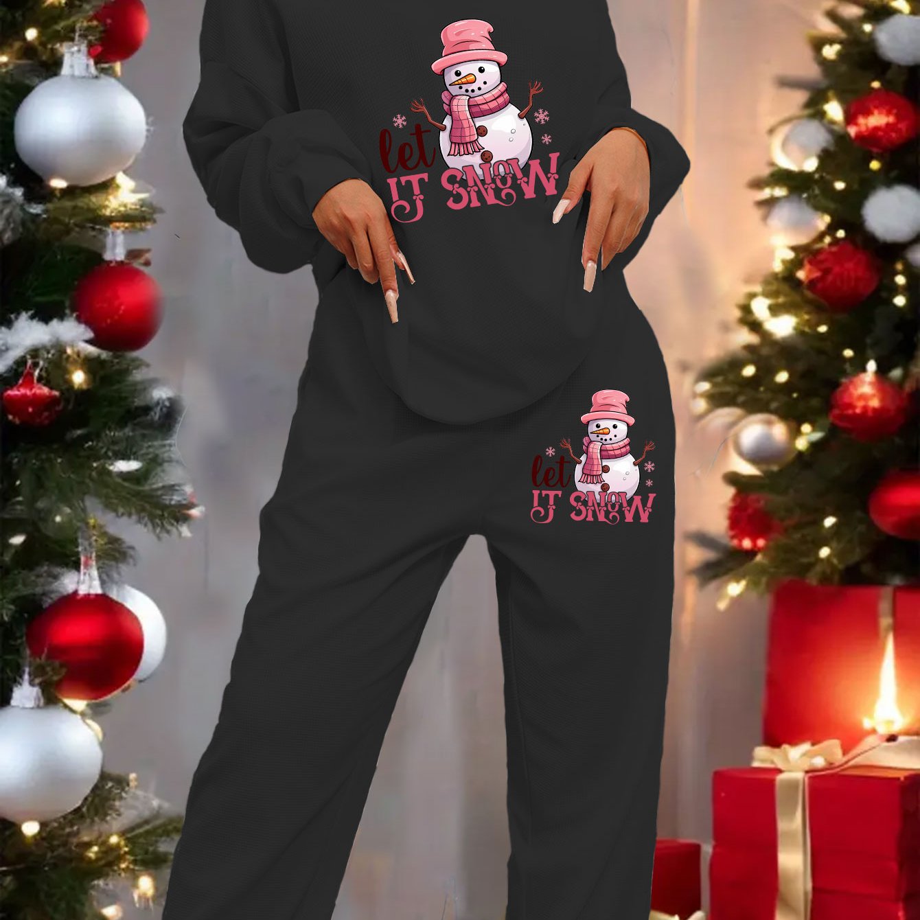 Women'S Plus Size Christmas Snowman Print Lounge Set - Cozy Fleece Pants with "Let It Snow" Design, Long Sleeve, Casual Winter Wear, Perfect for Holiday Celebrations, Christmas Pajamas