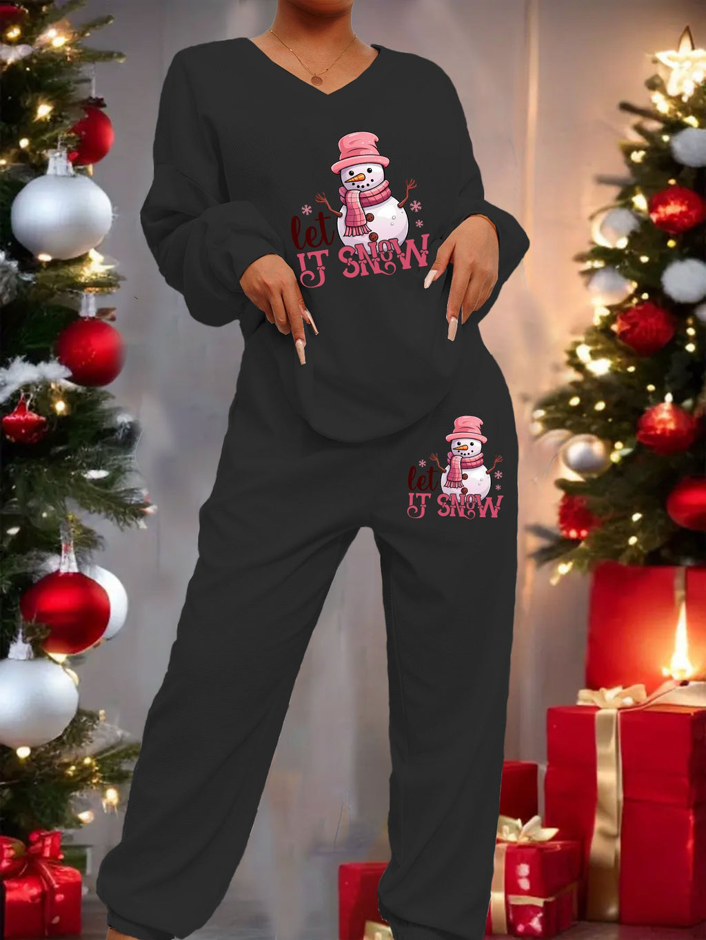 Women'S Plus Size Christmas Snowman Print Lounge Set - Cozy Fleece Pants with "Let It Snow" Design, Long Sleeve, Casual Winter Wear, Perfect for Holiday Celebrations, Christmas Pajamas