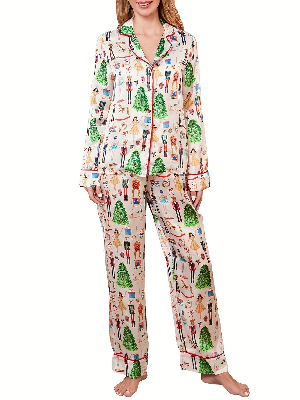 Satin Christmas Pajamas Set For Women, Cute Santa Claus Pjs Button Up Shirt+Pants, 2 Piece Xmas Jammies