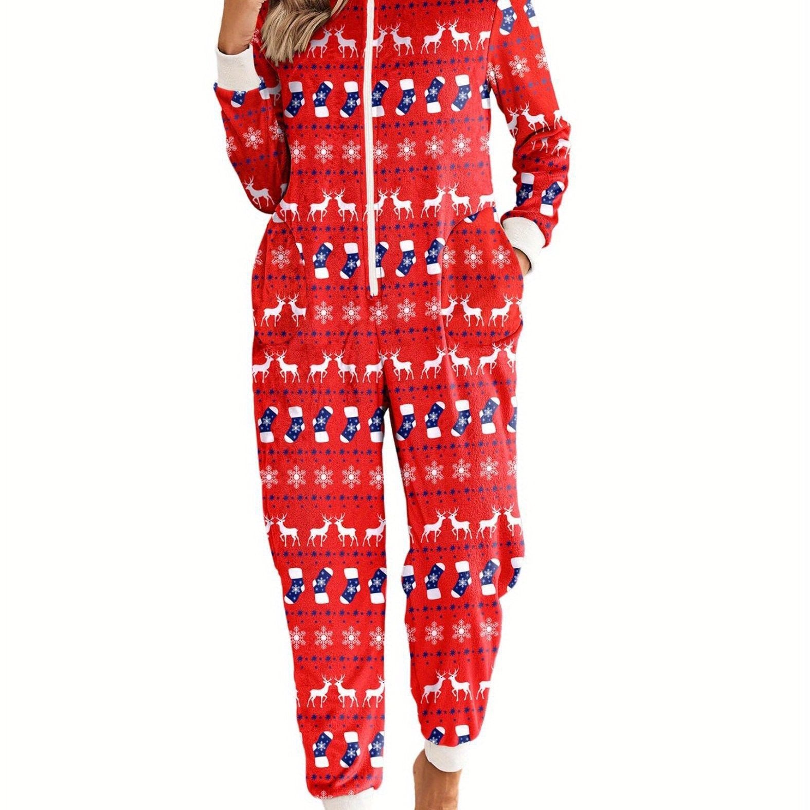 Christmas Pajamas for Family Fleece Long Sleeve Pjs Onesie Jumpsuit with Pockets Zipper Front Sleepwear S-XXL