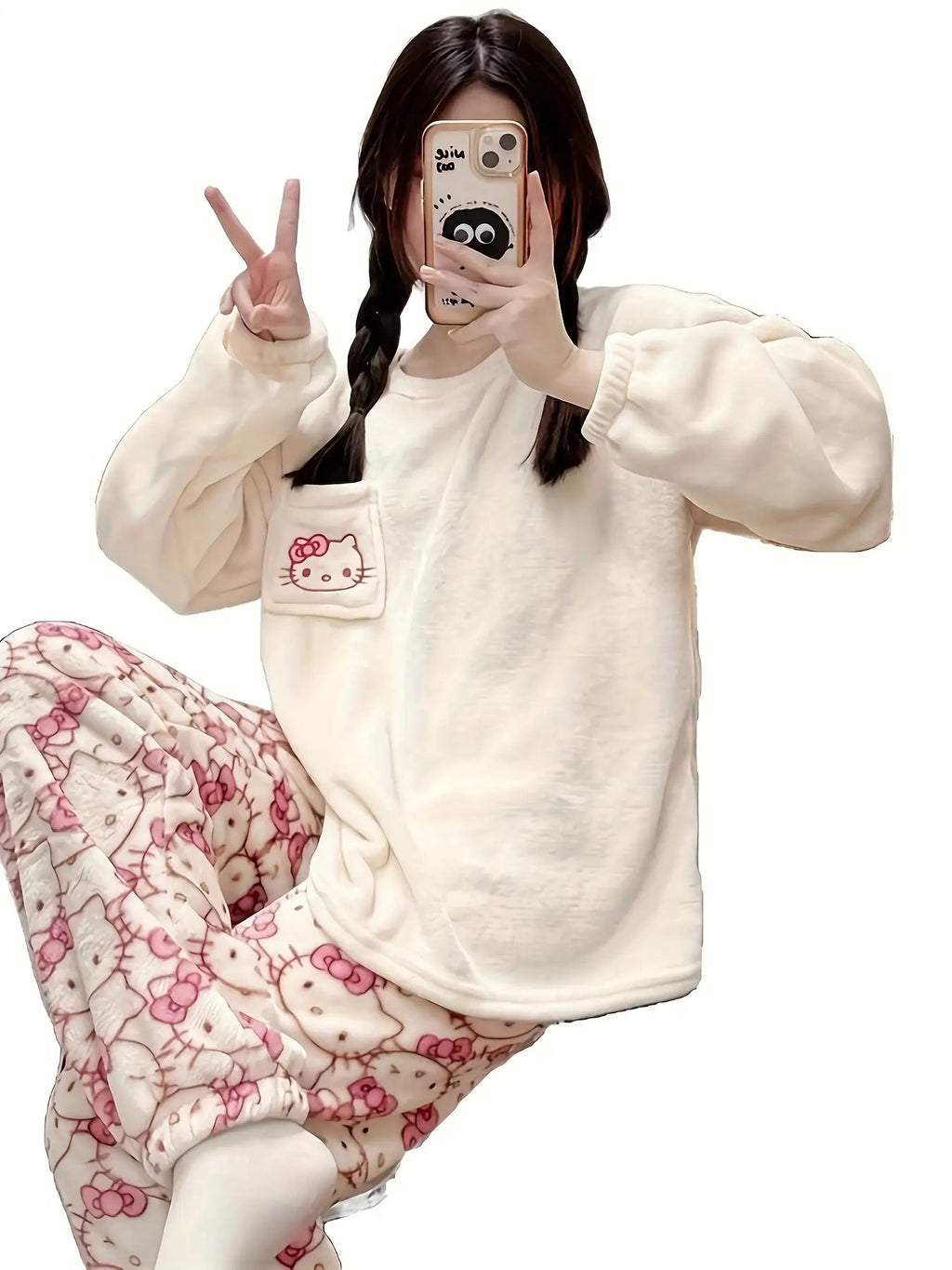 Y2K Sanrio Genuine Hello Kitty Winter Warm Fleece Pajamas Set Style Home Clothes Set Soft And Warm, Christmas Pajamas Women, Cat Pajamas for Women