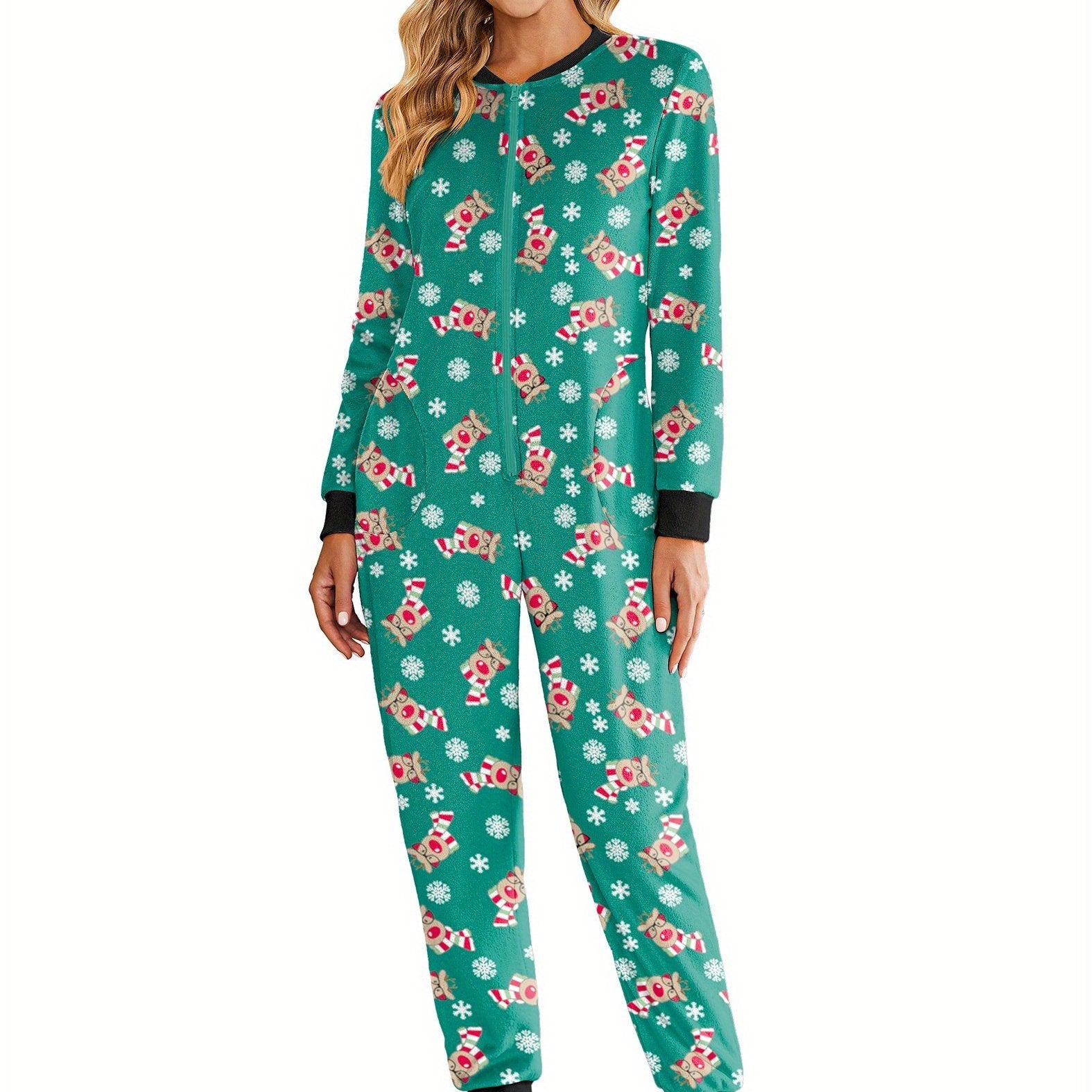 Christmas Pajamas for Family Fleece Long Sleeve Pjs Onesie Jumpsuit with Pockets Zipper Front Sleepwear S-XXL