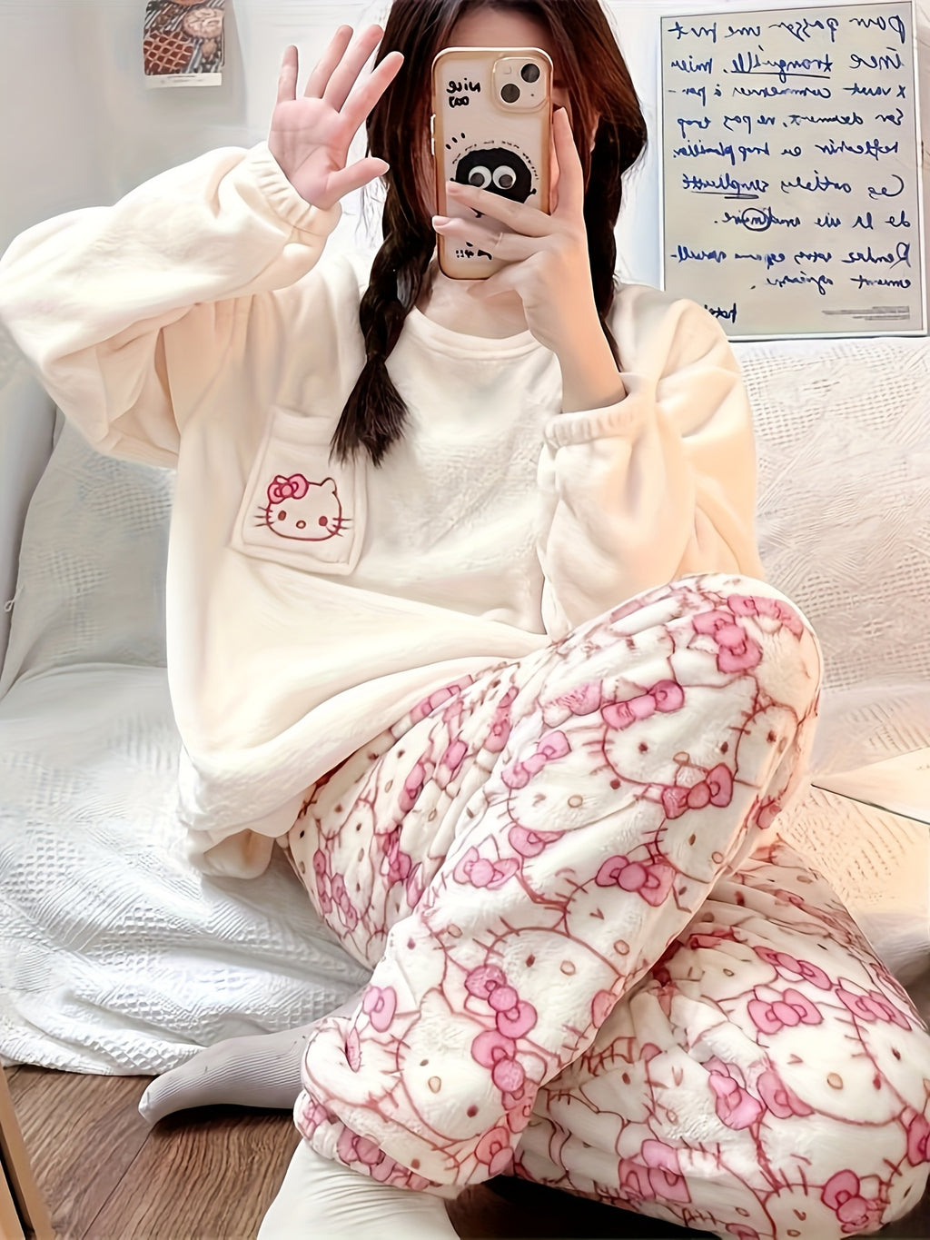 Y2K Sanrio Genuine Hello Kitty Winter Warm Fleece Pajamas Set Style Home Clothes Set Soft And Warm, Christmas Pajamas Women, Cat Pajamas for Women