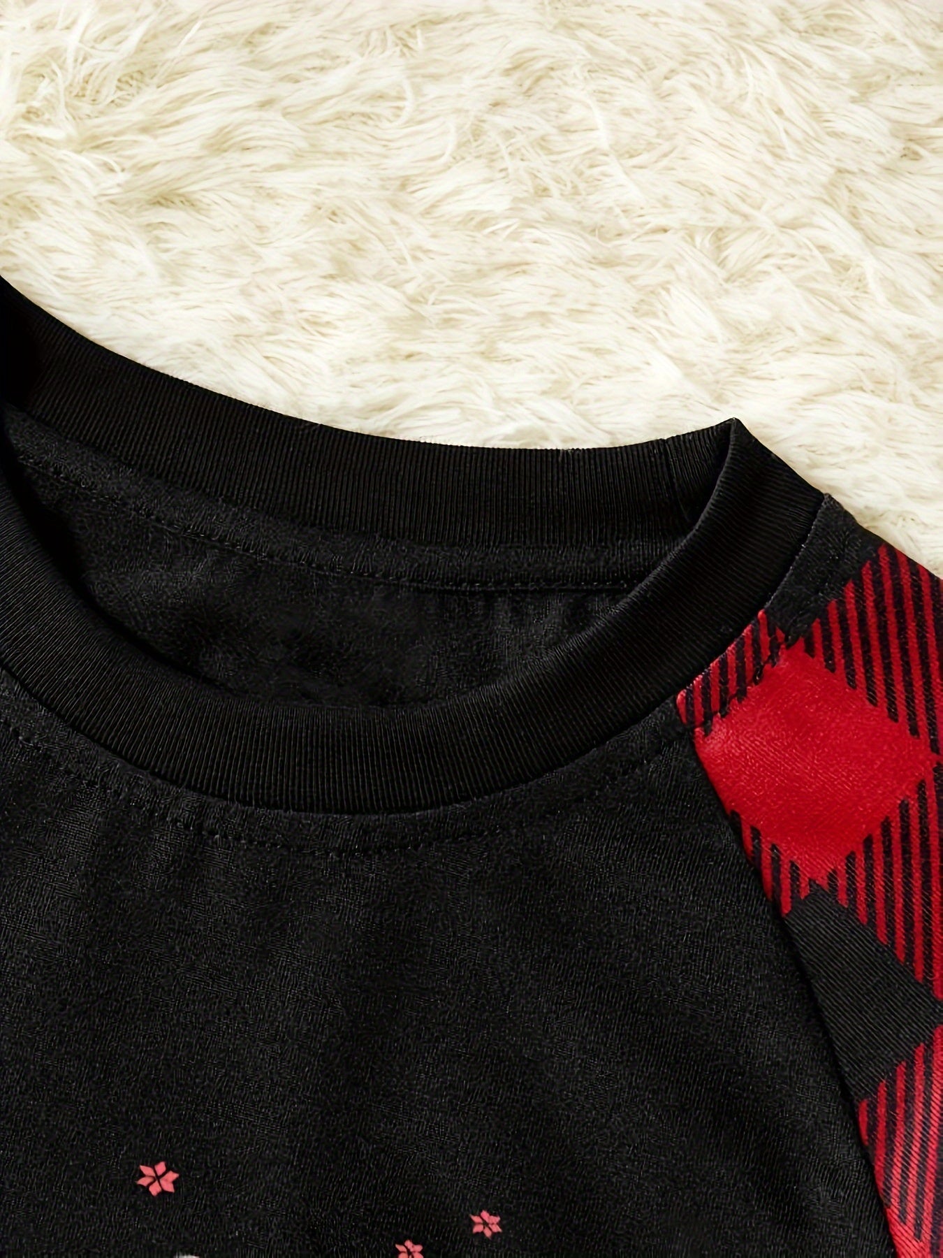 1 Set Family Matching Christmas Pajamas - 'Believe' Print, Crew Neck, Long Sleeve, Knit Fabric, Slight Stretch, All-Season Polyester PJs with Contrast Black Top & Red Plaid Pants