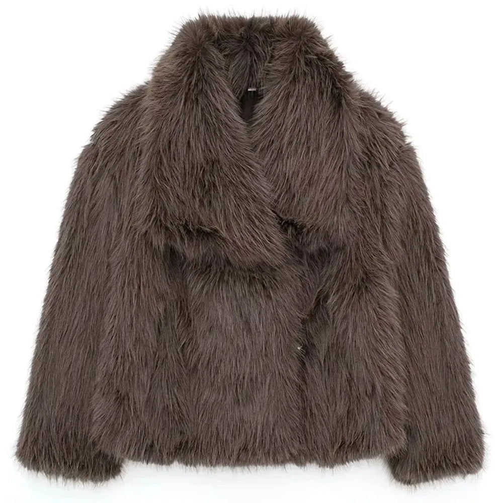 HH Winter Women Elegant Warm Plush Coat Turn-Down Collar Thick Cardigan Coat Female Pocket Long Sleeve Short Outerwear Mujer