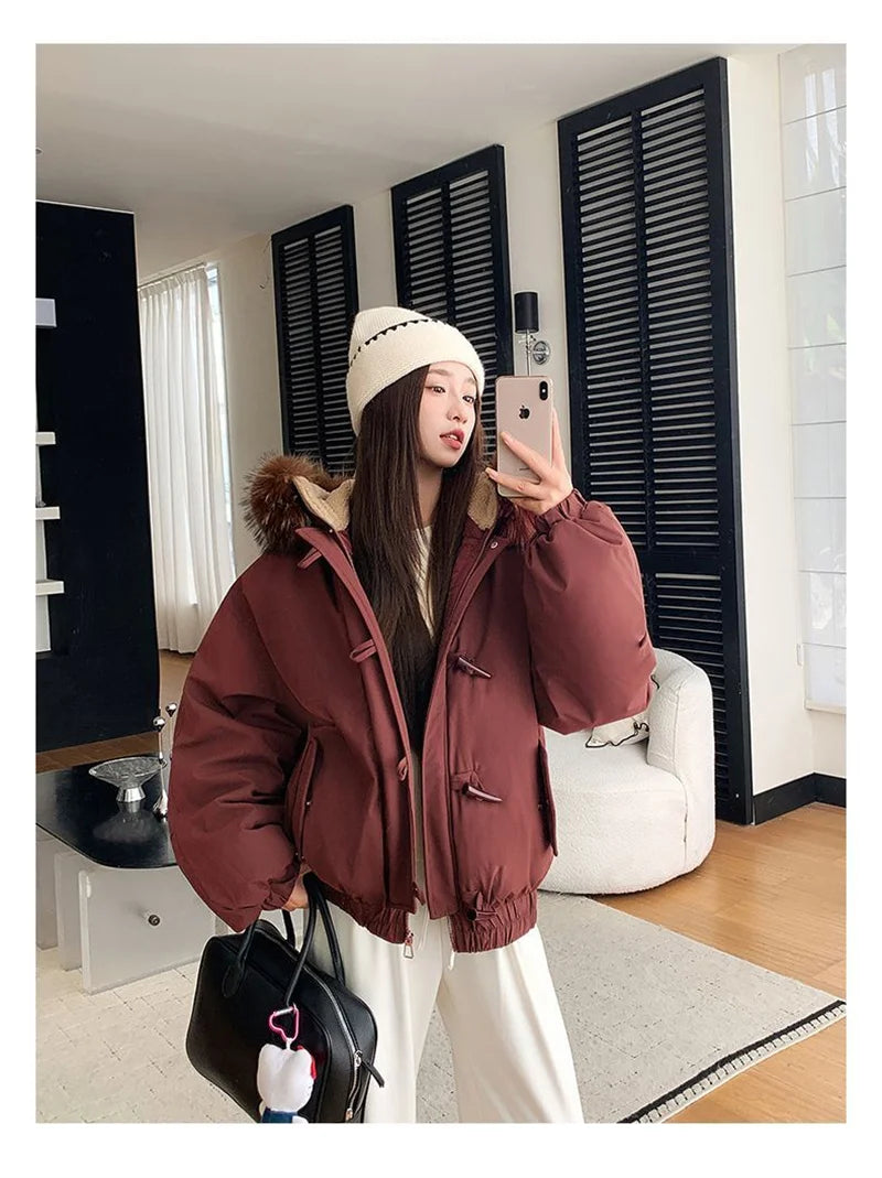 Warm Down jacket Ladies Pai Overcome Winter 2025 New Cotton Padded Coat Women Parkas Horn Hooded Outcoat Big fur collar Overcoat