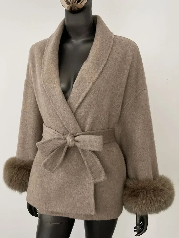 2024 New Winter Jacket for Women Natural Fox Fur Collar Thickened Warm Cashmere Wool Double-sided Coat Fashion V-neck Commuting