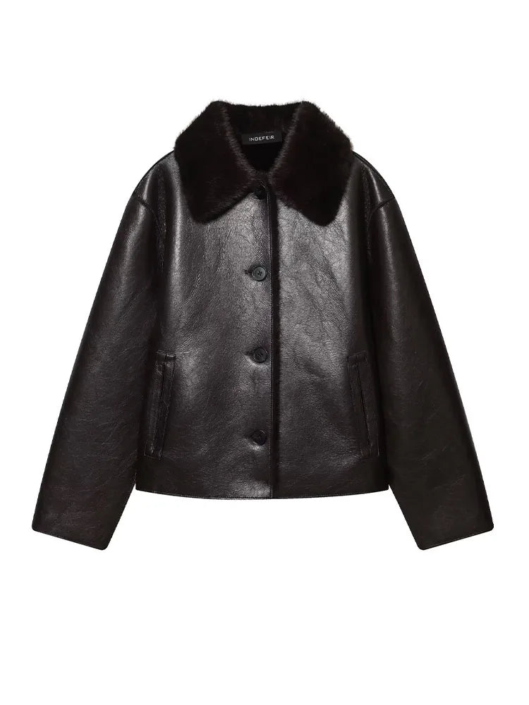 HH Winter Woman Long Sleeves Loose Slim Coat Women Warm Reversible Faux Leather Lapel Single-Breasted Pocket Decoration Jacket