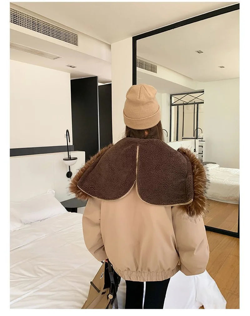 Warm Down jacket Ladies Pai Overcome Winter 2025 New Cotton Padded Coat Women Parkas Horn Hooded Outcoat Big fur collar Overcoat