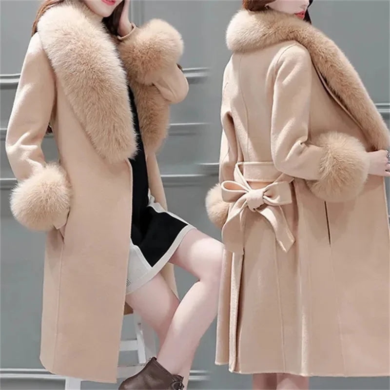 2025 Winter Jacket Women Long Natural Wool Blends Cashmere Real Fur Coat Double Breasted Belt Warm Streetwear New Fashion