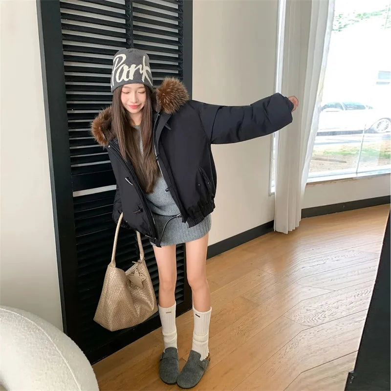 Warm Down jacket Ladies Pai Overcome Winter 2025 New Cotton Padded Coat Women Parkas Horn Hooded Outcoat Big fur collar Overcoat