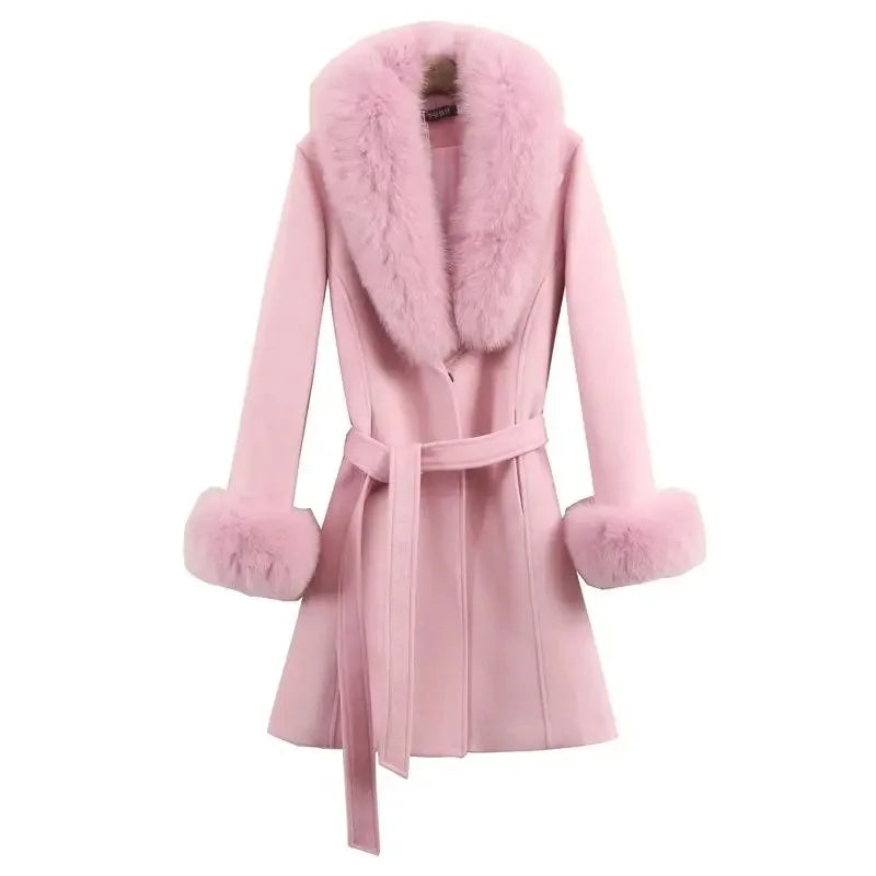 2025 Winter Jacket Women Long Natural Wool Blends Cashmere Real Fur Coat Double Breasted Belt Warm Streetwear New Fashion