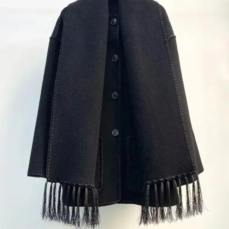 Winter Woolen Jacket New Contrast Color Embroidery Scarf Coats for Women