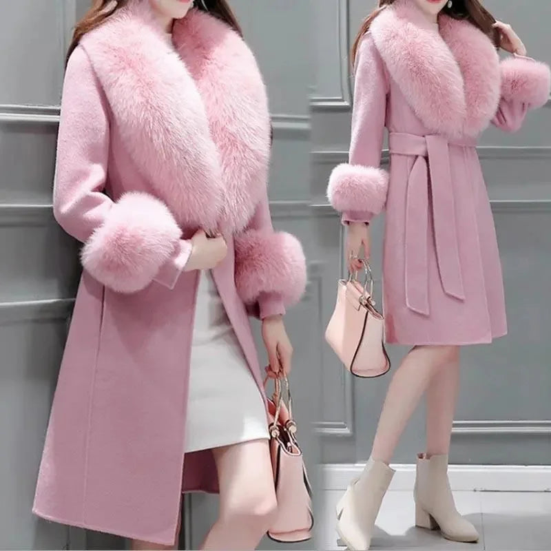 2025 Winter Jacket Women Long Natural Wool Blends Cashmere Real Fur Coat Double Breasted Belt Warm Streetwear New Fashion