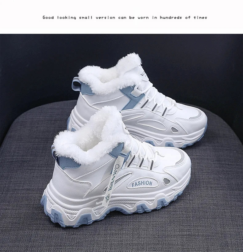 Women's White Winter Sneakers with Plush Lining and Chunky Sole - Warm High-Top Athletic Shoes for Cold Weather zapatos de mujer