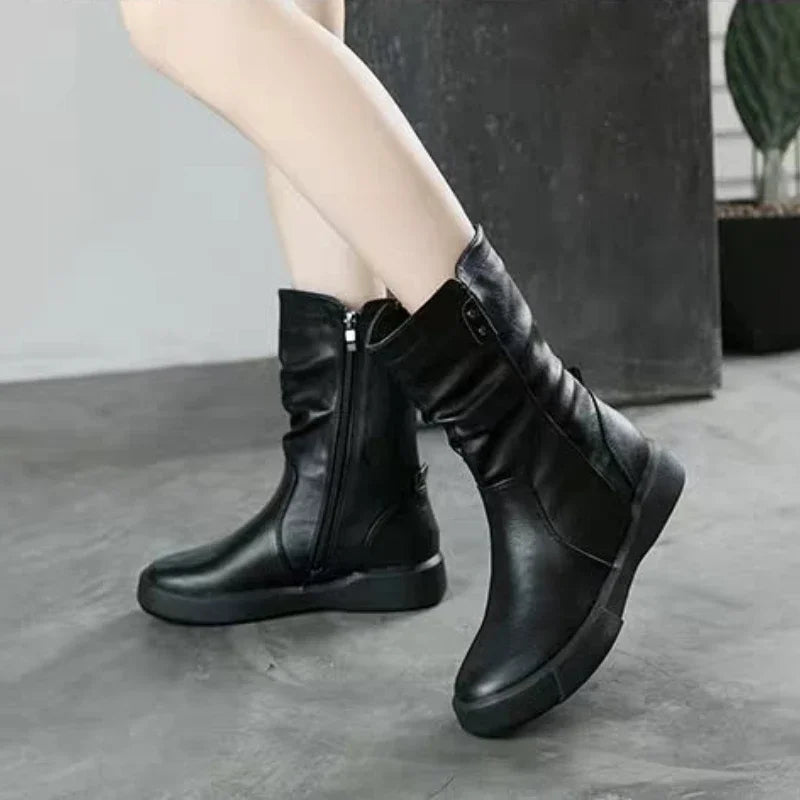 Women Boots 20204 Winter Shoes for Women New Fur Ladies Ankle Boots Warm Zip Leather Mid Calf Boots Female Long Boot Botas Mujer