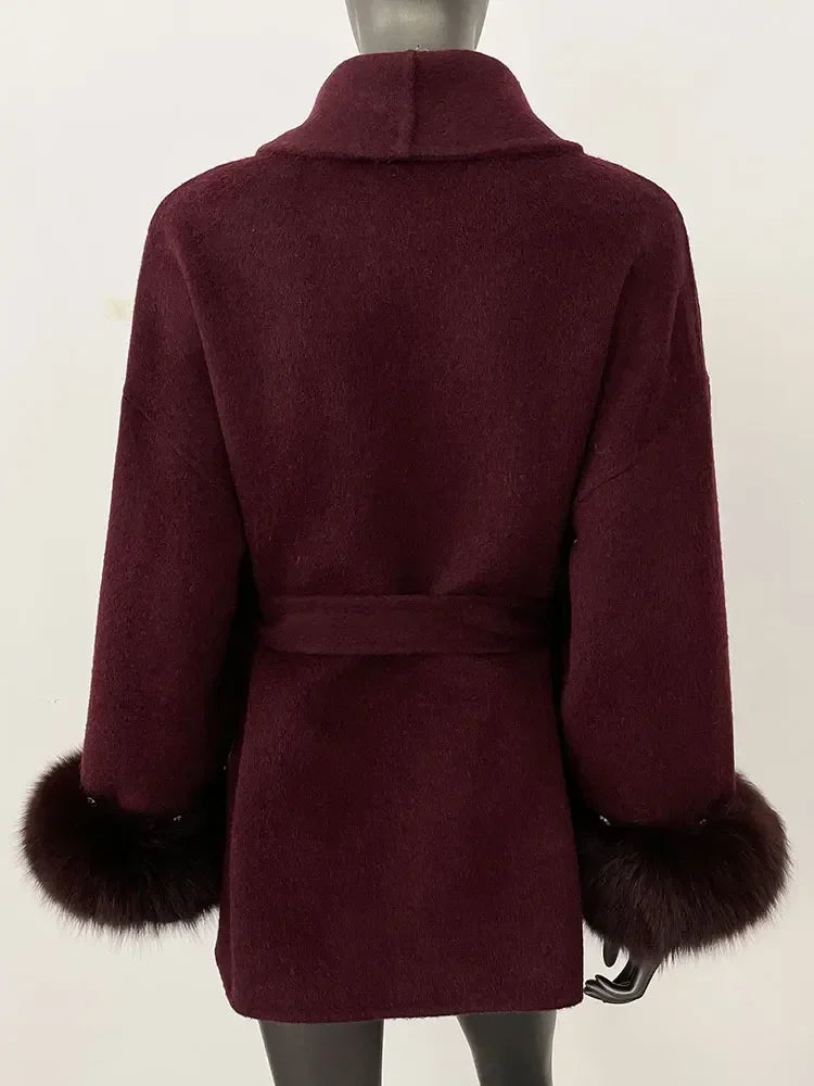 2024 New Winter Jacket for Women Natural Fox Fur Collar Thickened Warm Cashmere Wool Double-sided Coat Fashion V-neck Commuting