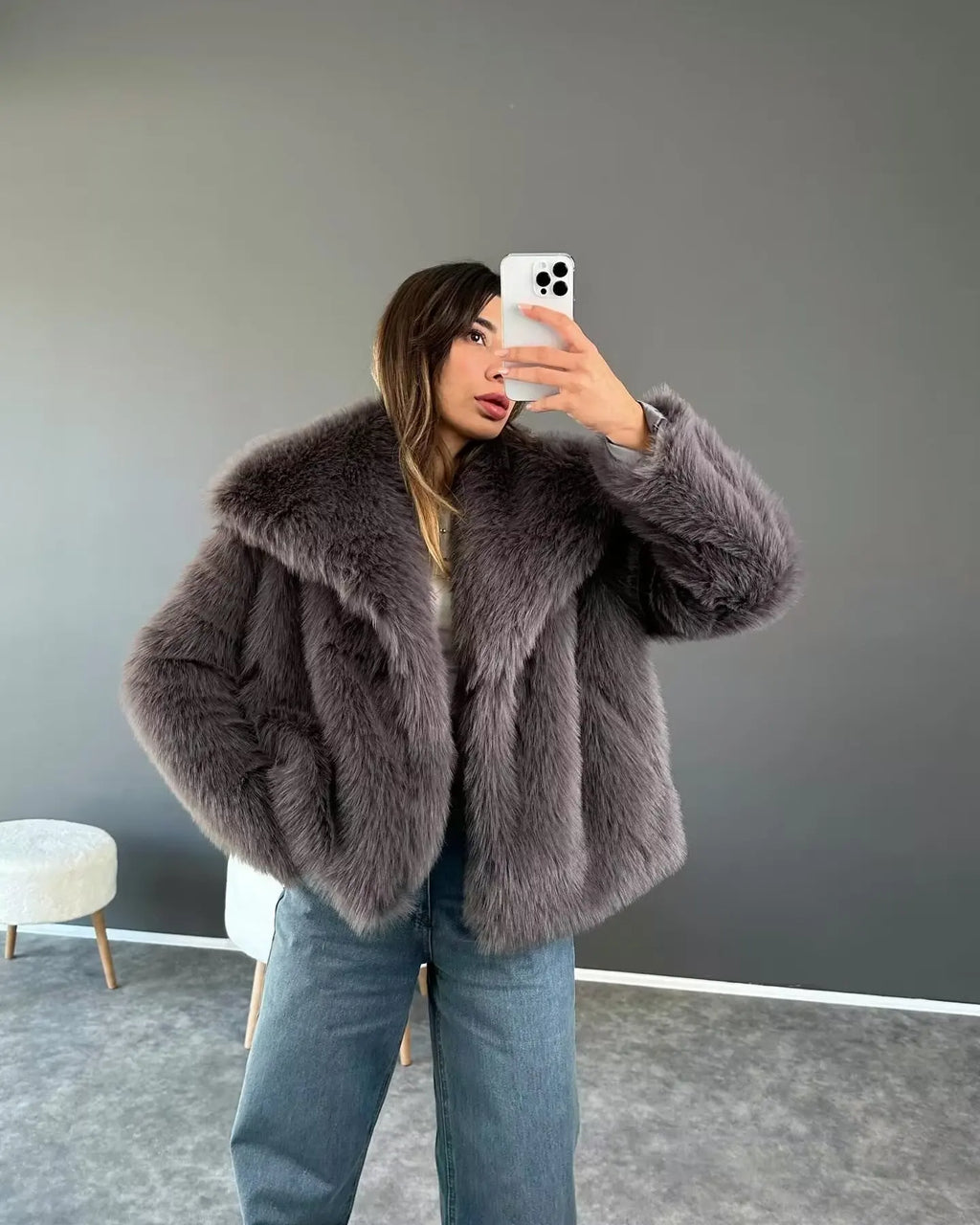 HH Winter Women Elegant Warm Plush Coat Turn-Down Collar Thick Cardigan Coat Female Pocket Long Sleeve Short Outerwear Mujer