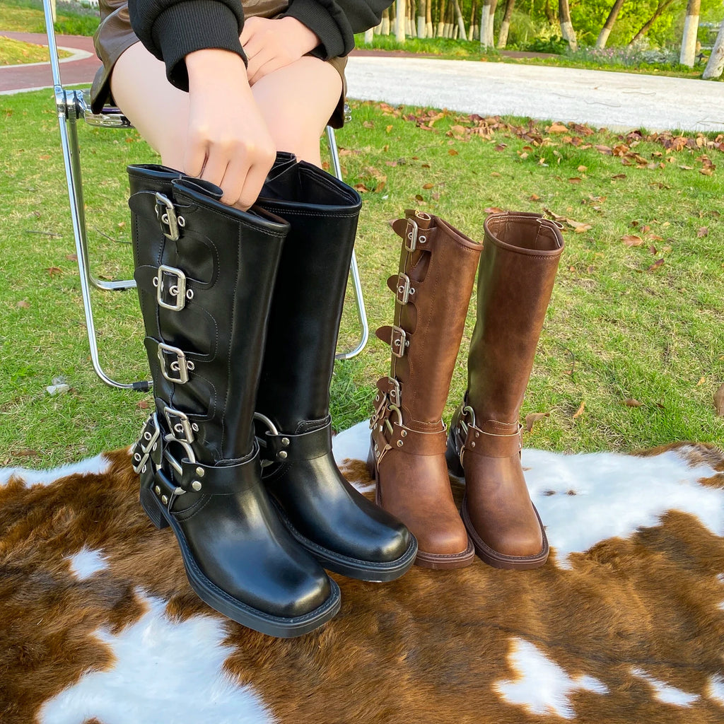 Winter Women Fashion Boots Outdoor Comfort walking shoes Embroidery Brown Leather Boots Deep High Tube female Casual shoe Botas