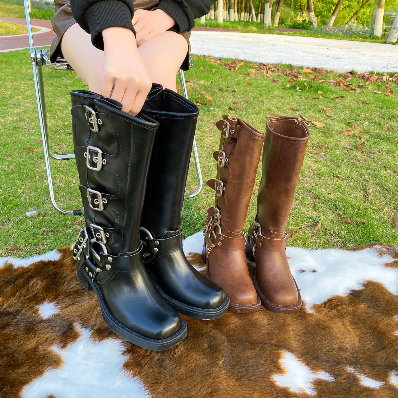 Winter Women Fashion Boots Outdoor Comfort walking shoes Embroidery Brown Leather Boots Deep High Tube female Casual shoe Botas