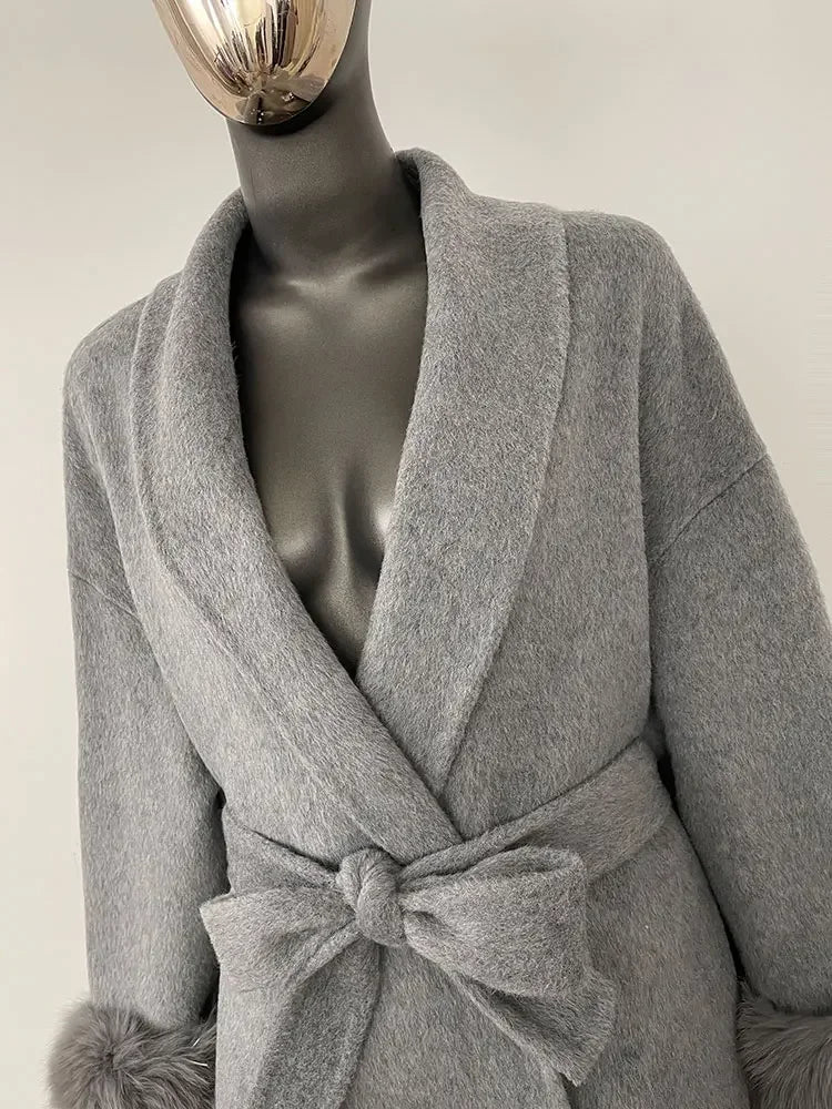 2024 New Winter Jacket for Women Natural Fox Fur Collar Thickened Warm Cashmere Wool Double-sided Coat Fashion V-neck Commuting